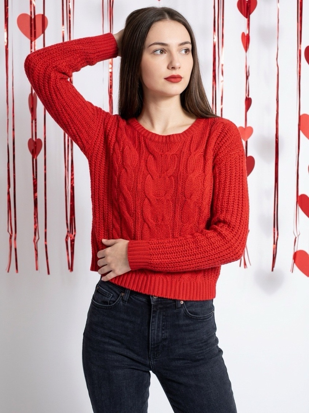 SO Red Cable Knit Academia Holiday School Workwear Tomato Girl Sweater Sz Small